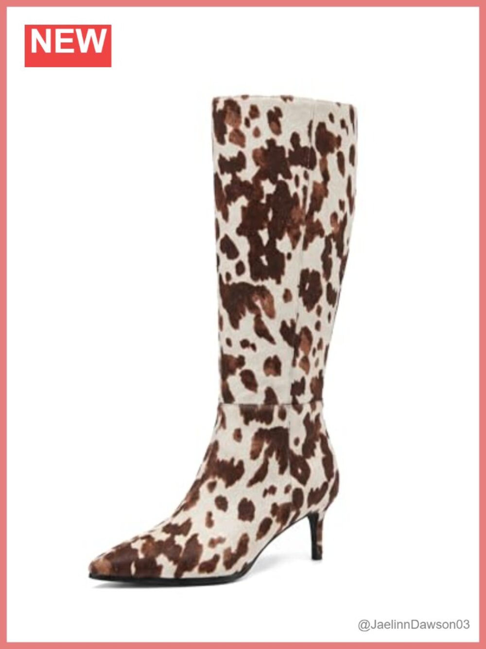 Cow Print Knee High Boots Pointed Toe Kitten Heel Side Zipper Women's